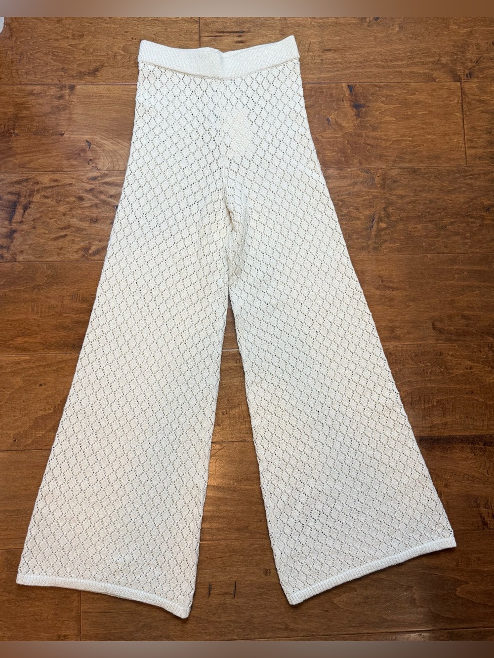 Mango Crochet Knit Wide Leg Pants NWT Cream Resort Coastal S